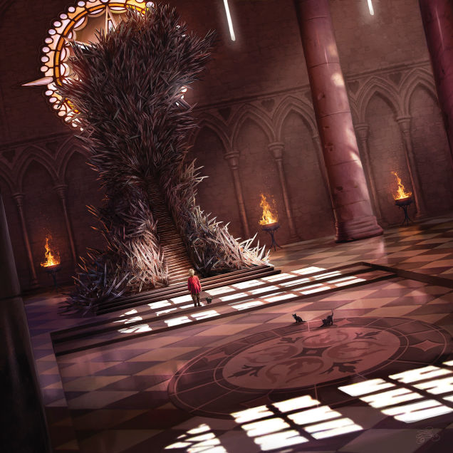 September - King Tommen looks on at the monstrous Iron Throne with Ser Pounce by his side